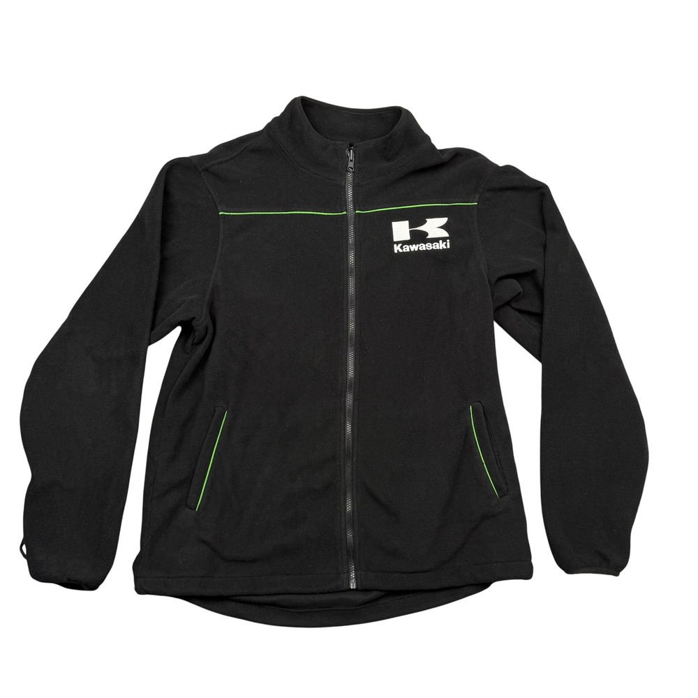 Kawasaki Fleece Jacket Men M Black Green Trim Embroidered Logo Full Zip Pockets